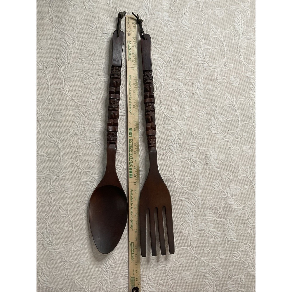 Vintage MCM Fork Spoon Kitchen Wall Decor Tiki Totem Pole Hand Carved Wood 29" - Picture 14 of 16